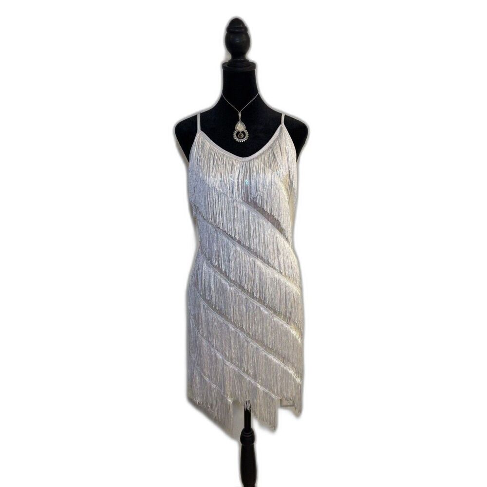 1920s White Sequin Fringe Flapper Mini Dress — Gatsby Cocktail